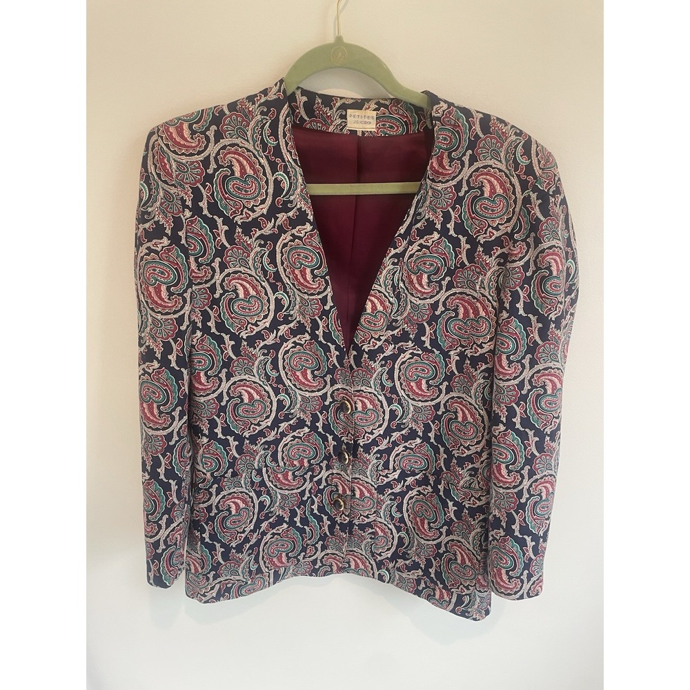 Vintage J.G. Hook‎ Petites Paisley Blazer 3 Button Sz 8 Linen Cotton Blue Purple